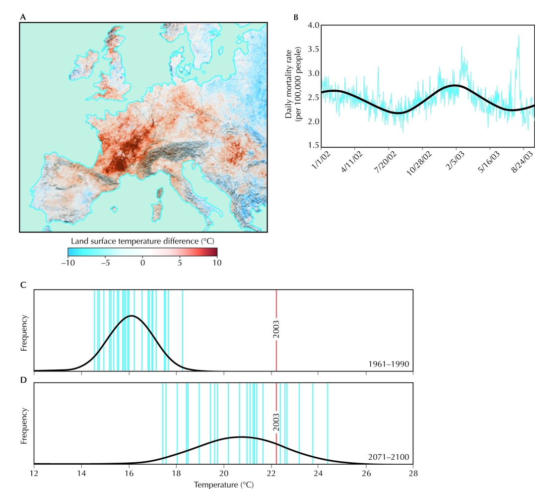 Figure 28.19 - (A) Land surface temperatures for summer 2003, relative to summers 2000–2004.