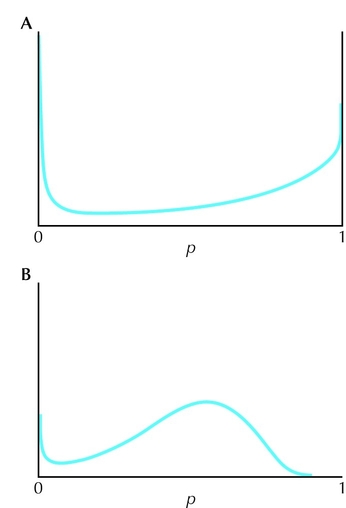 Figure 28.27 - The distribution of allele frequencies under migration, selection, and drift; p* = 0.05.